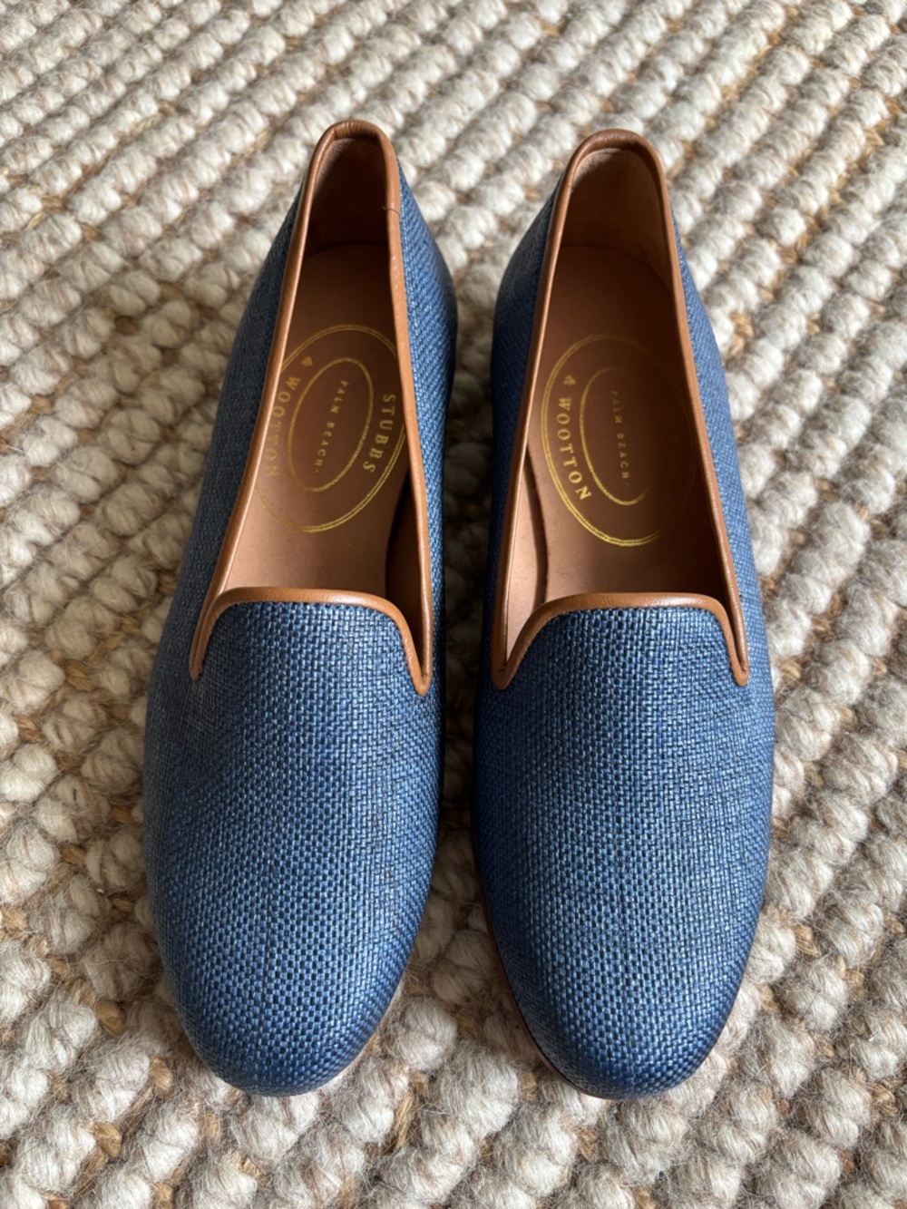 Stubbs & Wootton Blue Woven Loafers with Tan Trim